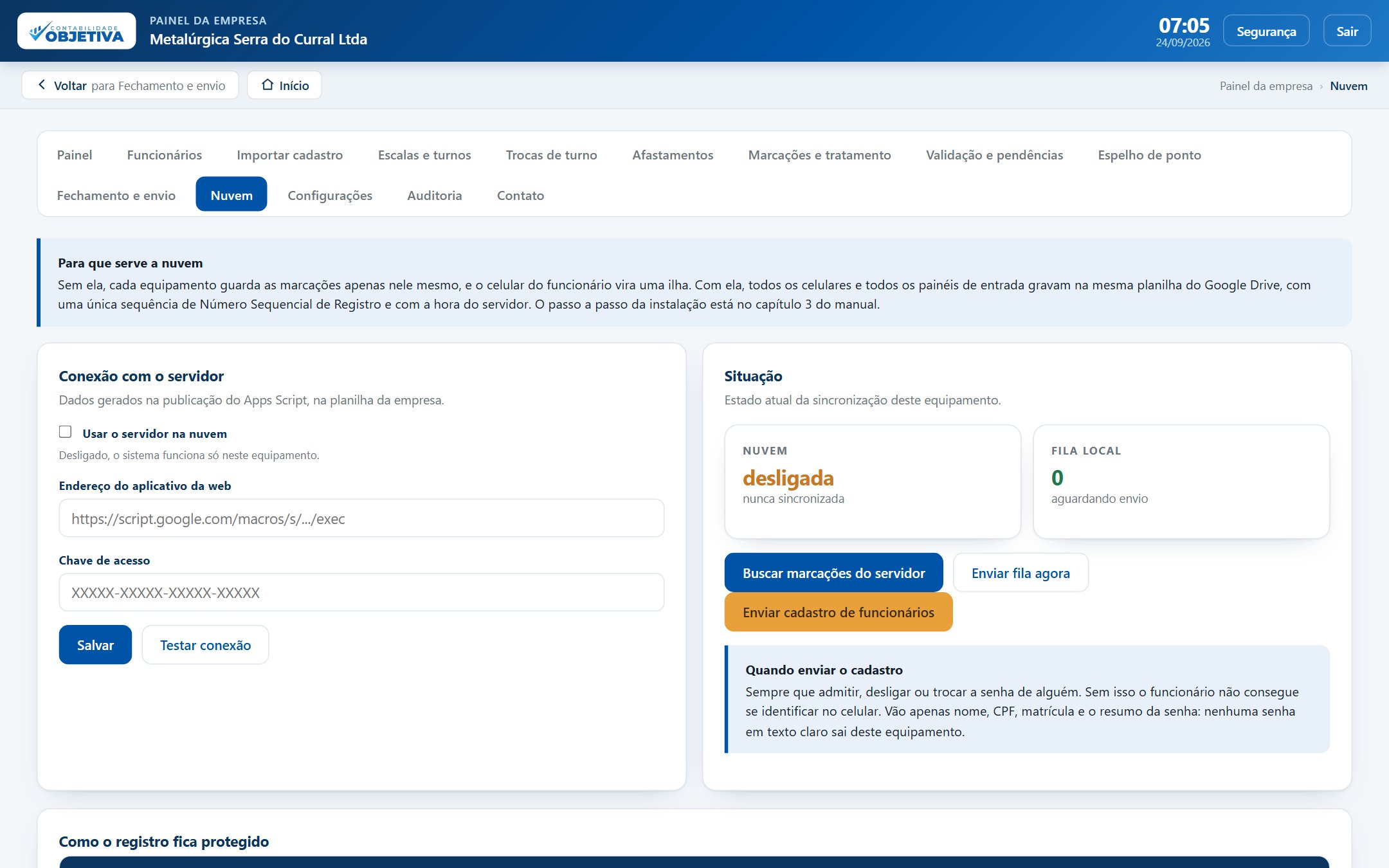 A aba Nuvem. Aqui aparece desligada porque é uma demonstração; na sua empresa a nuvem já vem ligada pelo código de ativação.