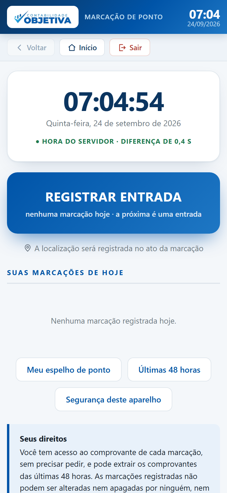 A tela de marcação, com a hora do servidor no alto.