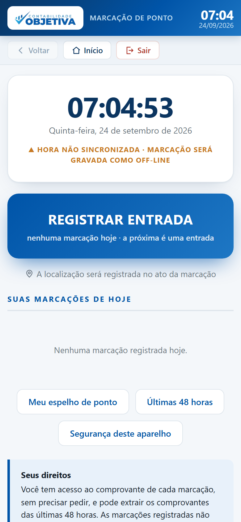 Quando não há internet, a tela avisa que a marcação será gravada como off-line.