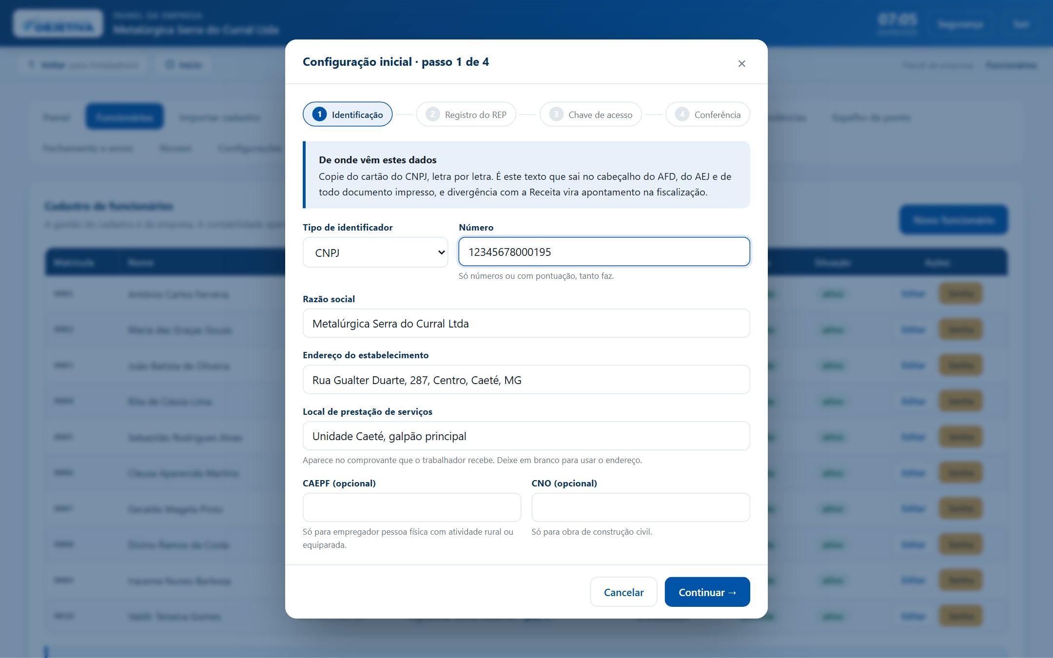 Configuração inicial, passo 1 de 4.