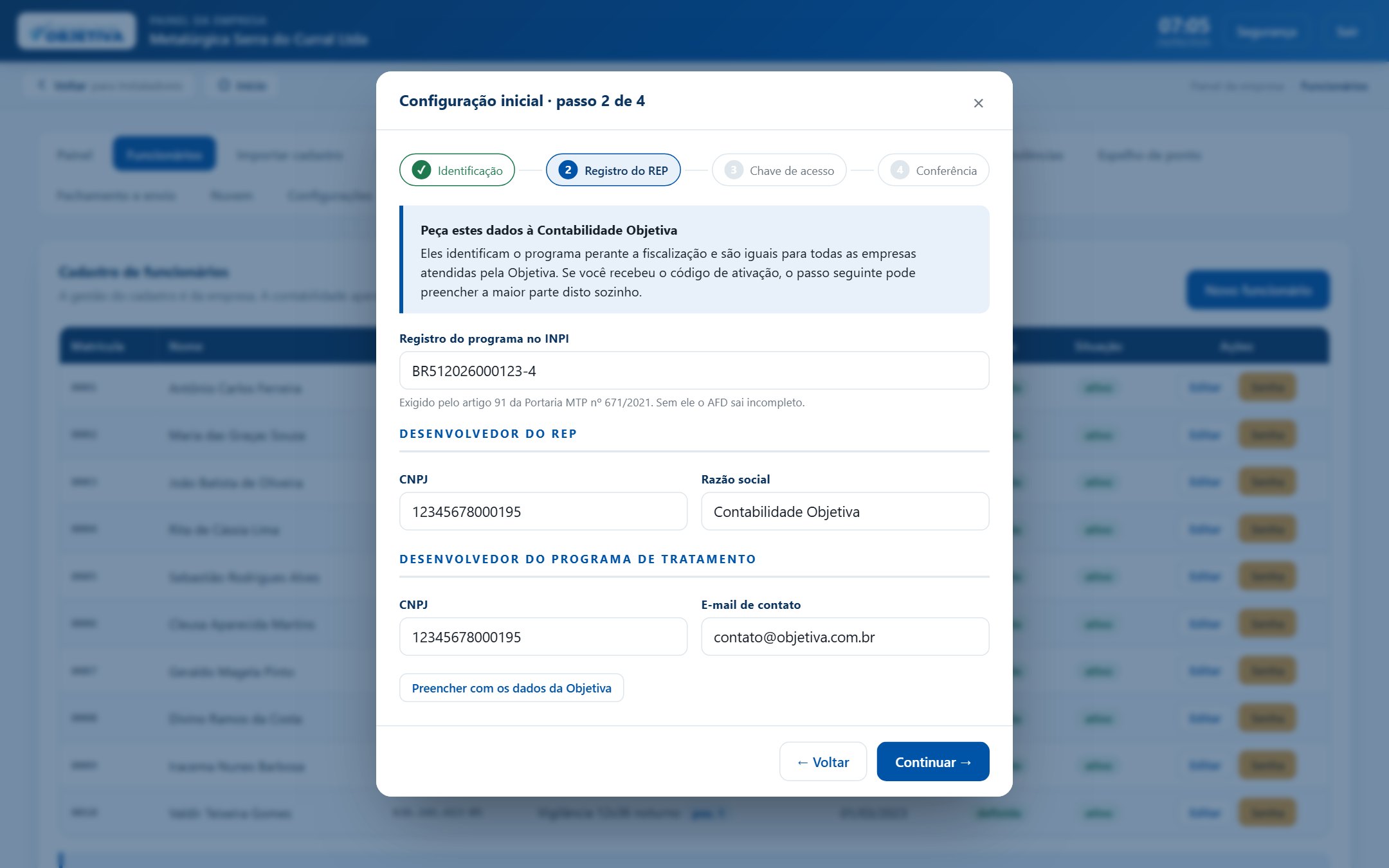 Configuração inicial, passo 2 de 4.