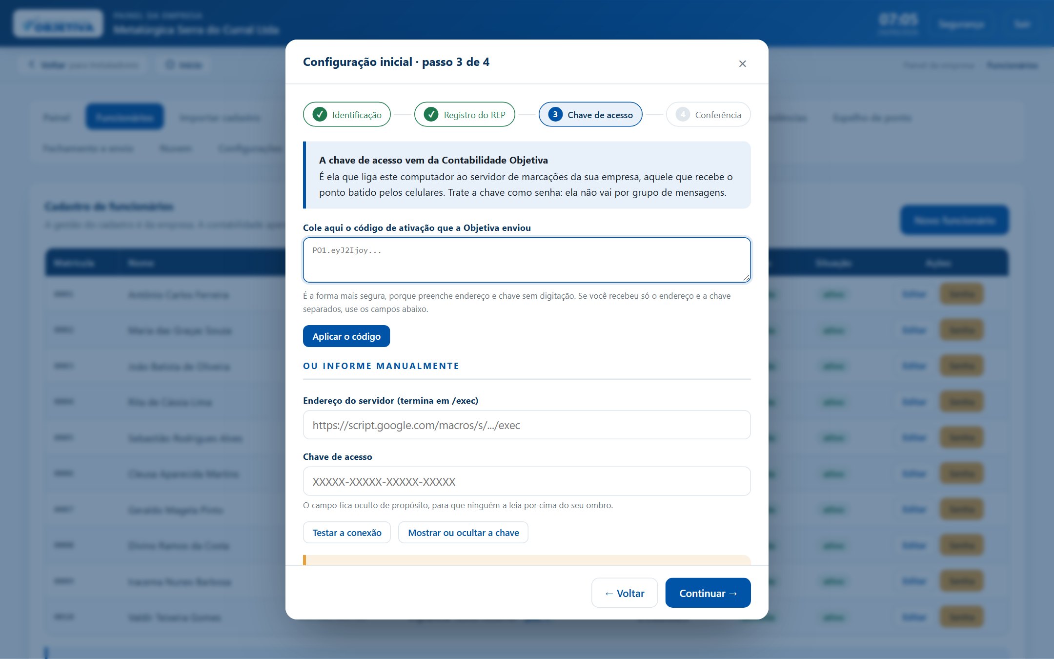 Configuração inicial, passo 3 de 4.